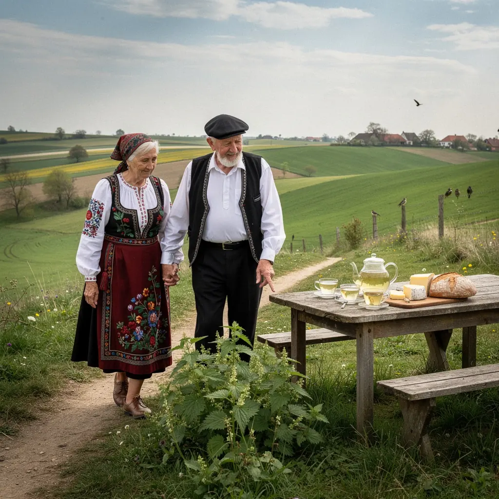 Tradicionális csalán tea elkészítése forró vízben.
