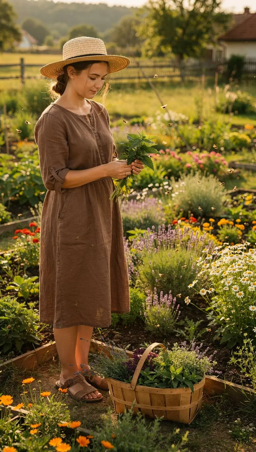 Csalán zöld tea szürcsölése egy nyugodt teraszon, naplementében.